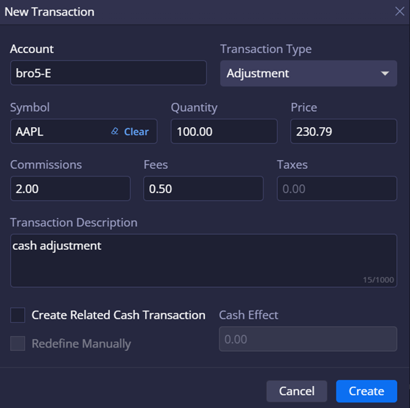 New Transaction dialog window